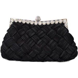 Elegant Braided Pleated Glitter Rhinestone Clutch Black